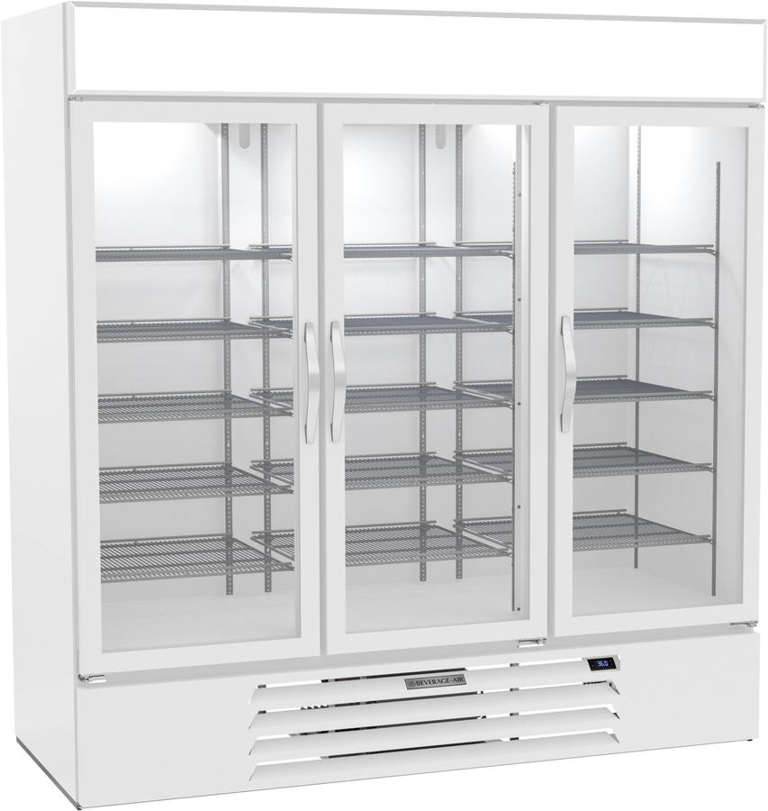 Beverage Air MMR72HC-1-W, 75" White Hinged Triple Glass Doors