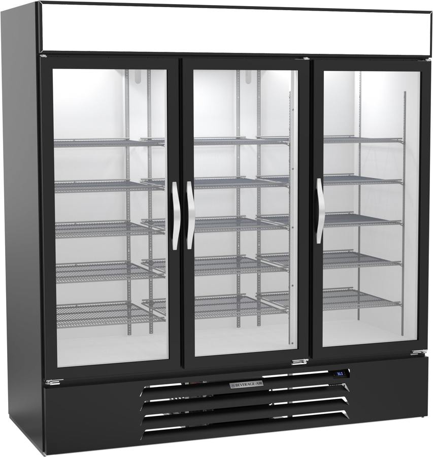 Beverage Air MMR72HC-1-B, 75" Black Hinged Triple Glass Doors