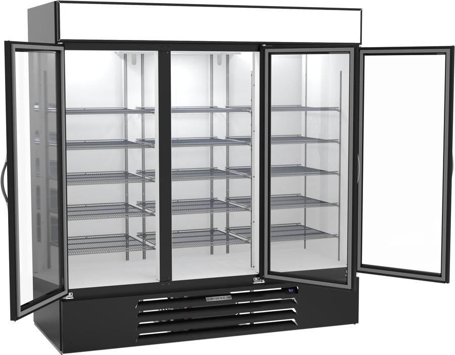 Beverage Air MMR72HC-1-B, 75" Black Hinged Triple Glass Doors