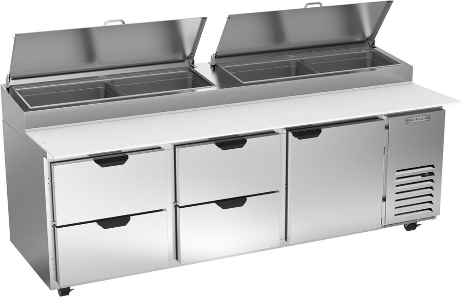 Beverage Air DPD93HC-4, 93" Deli/Pizza Prep Table with One Door & Four Drawers