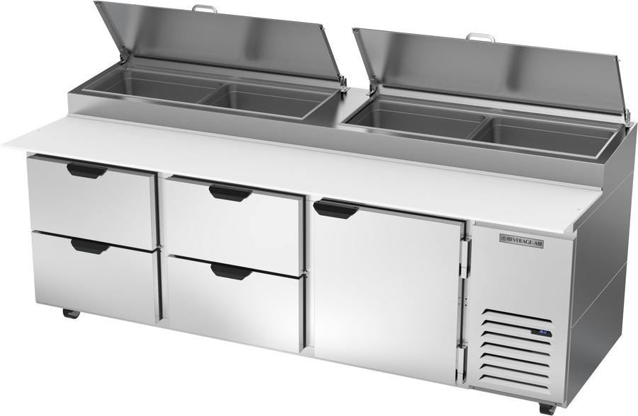 Beverage Air DPD93HC-4, 93" Deli/Pizza Prep Table with One Door & Four Drawers