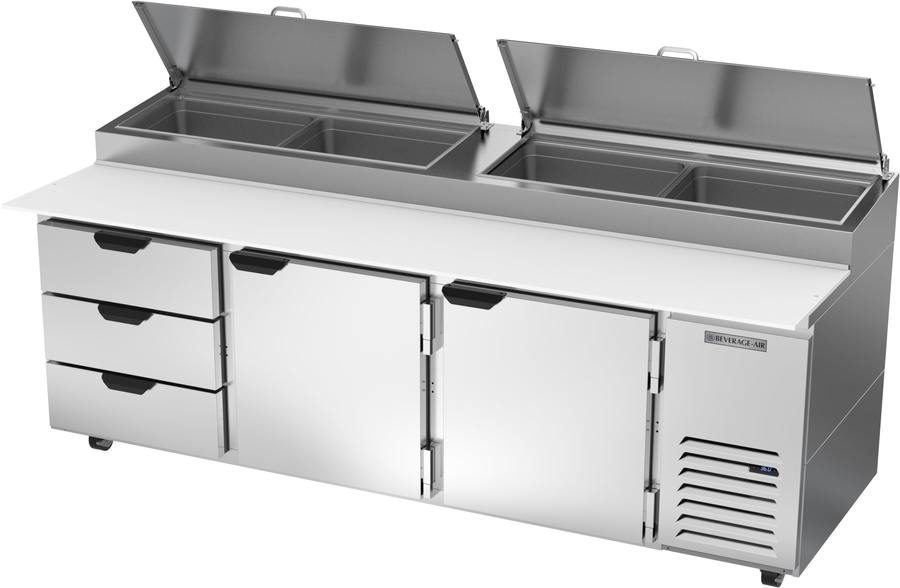 Beverage Air DPD93HC-3, 93" Deli/Pizza Prep Table with Two Doors & Three Drawers