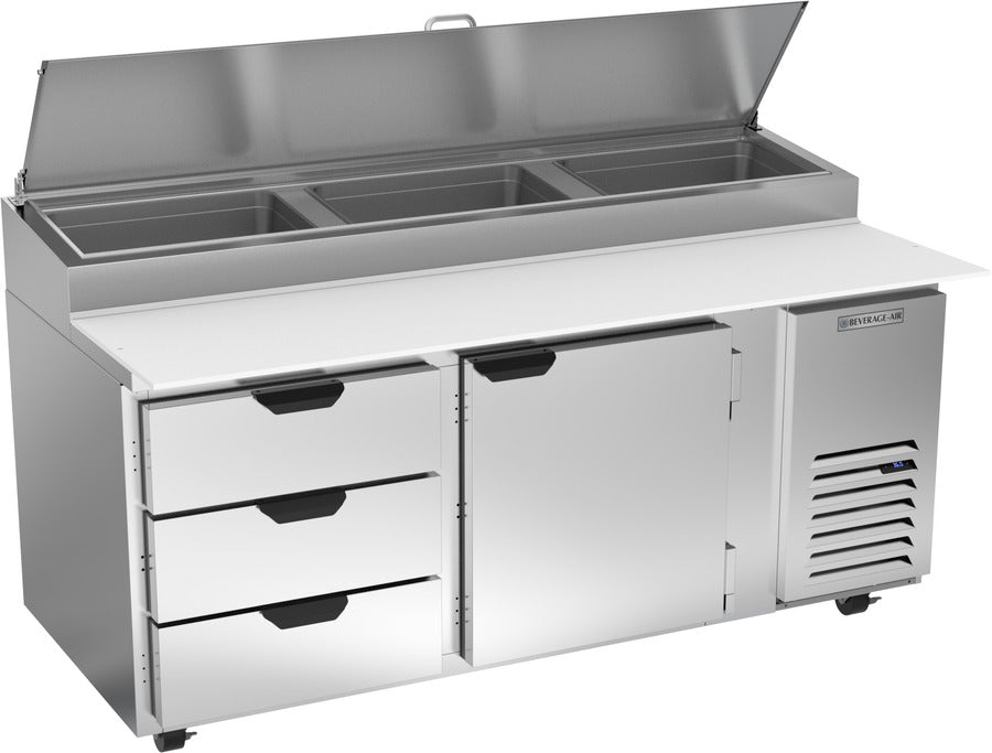 Beverage Air DPD72HC-3, 72" Deli/Pizza Prep Table with One Door and Three Drawers