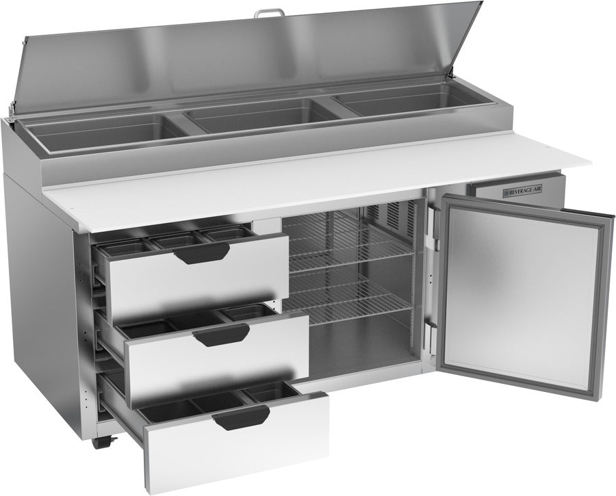 Beverage Air DPD72HC-3, 72" Deli/Pizza Prep Table with One Door and Three Drawers
