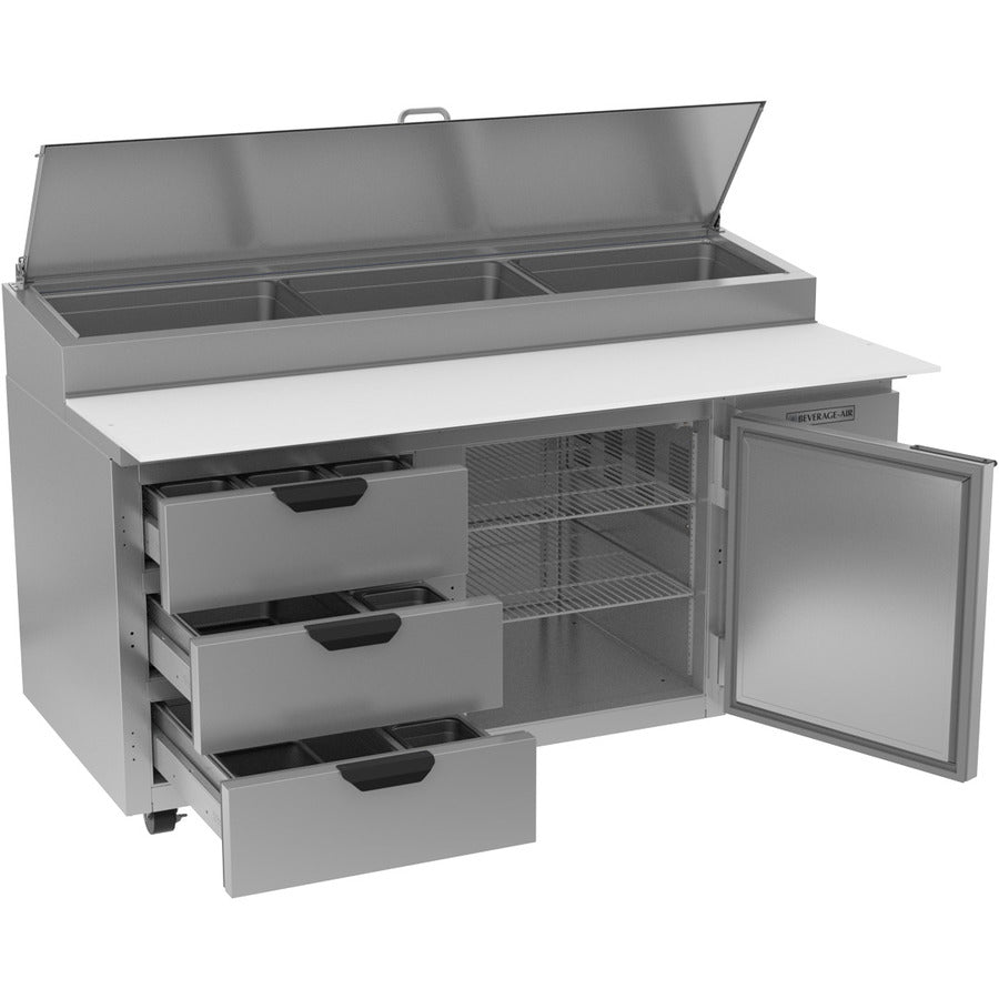 Beverage Air DPD67HC-3, 67" Deli/Pizza Prep Table with One Door and Three Drawers