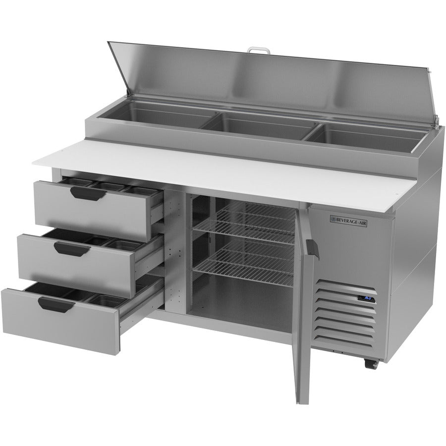 Beverage Air DPD67HC-3, 67" Deli/Pizza Prep Table with One Door and Three Drawers