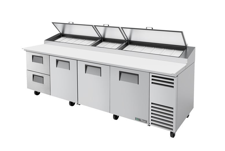 True TPP-AT-119D-2-HC, 119" 3 Door 2 Drawer Pizza Prep Table, includes (15) 1/3 size pans