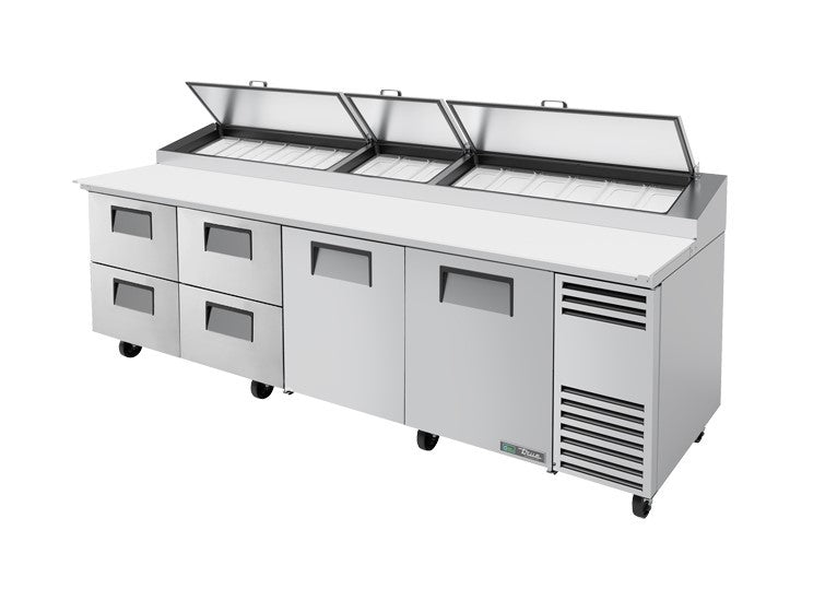 True TPP-AT-119D-4-HC, 119" 2 Door 4 Drawer Pizza Prep Table, includes (15) 1/3 size pans
