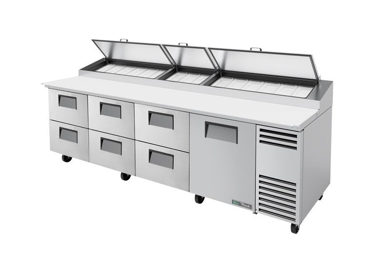 True TPP-AT-119D-6-HC, 119" 1 Door 6 Drawer Pizza Prep Table, includes (15) 1/3 size pans