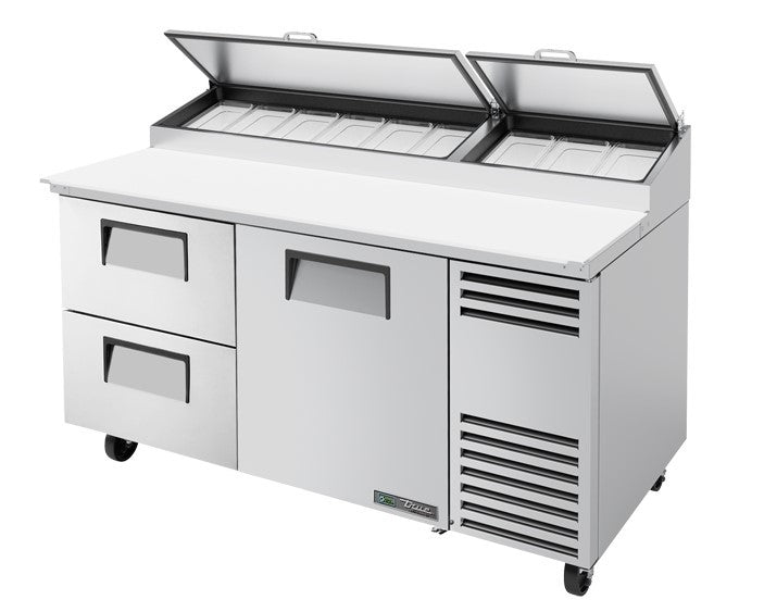 True TPP-AT-67D-2-HC, 67" 1 Door 2 Drawer Pizza Prep Table, includes (9) 1/3 size pans