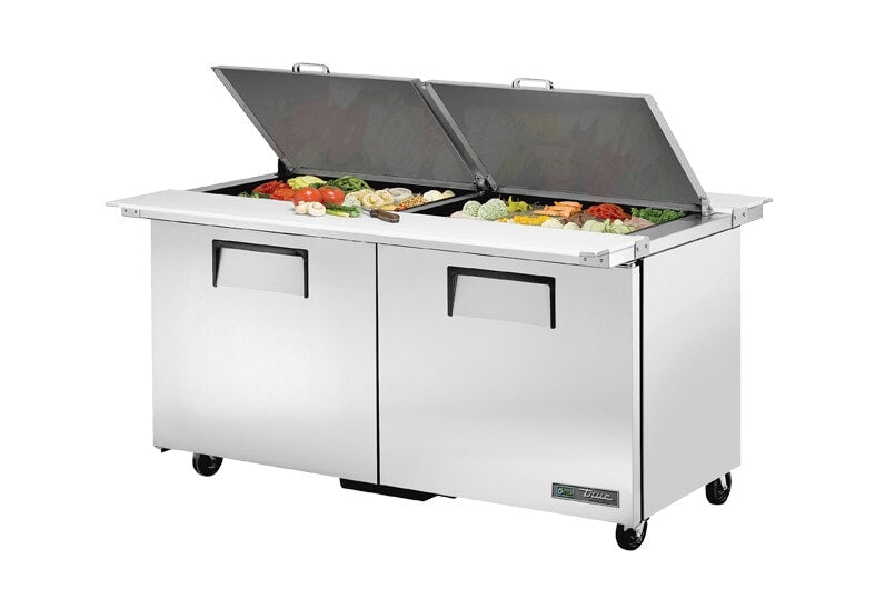 True TSSU-60-24M-B-DS-ST-HC, 60" 2 Door Dual Sided Mega Top Sandwich / Salad Prep Unit, includes (24) 1/6 size pans