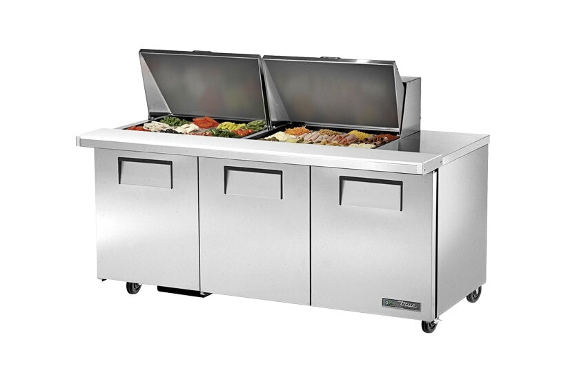 True TSSU-72-24M-B-ST-HC, 72" 3 Door Mega Top Sandwich / Salad Prep Unit, includes (24) 1/6 size pans