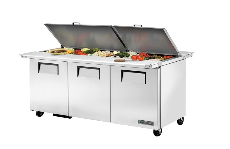 True TSSU-72-30M-B-DS-ST-HC, 72" (3) Door Dual Sided Mega Top Sandwich / Salad Prep Unit, includes (30) 1/6 size pans