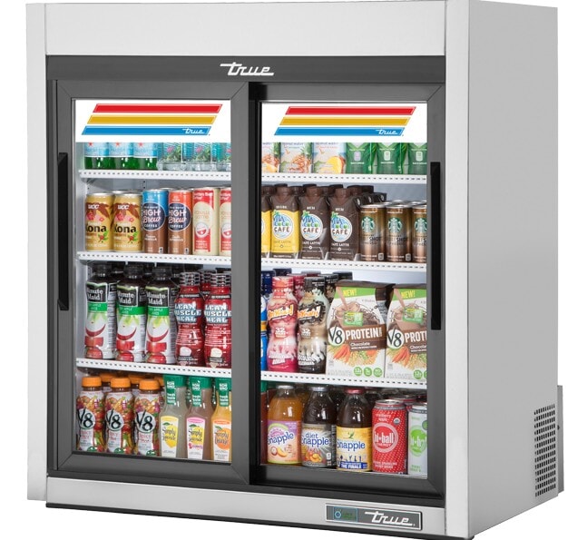 True GDM-09-SQ-S-HC-LD, 2 Slide Glass Door Countertop Refrigerated Merchandiser, Stainless Steel