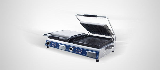 Globe GPGDUE14D, 14" Double Sandwich Grill with Grooved Plates