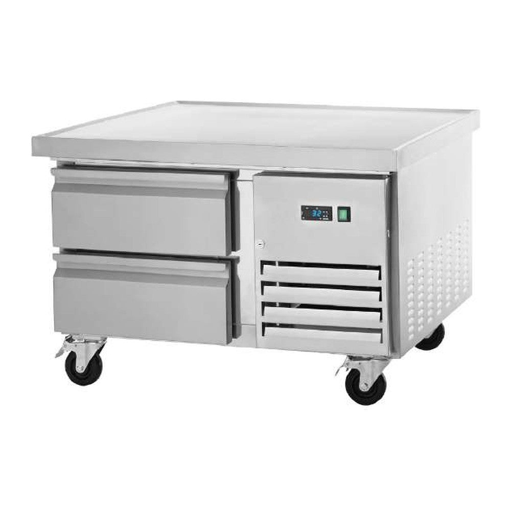 Arctic Air ARCB36 refrigerated chef base, angled view of the two drawers and insulated top