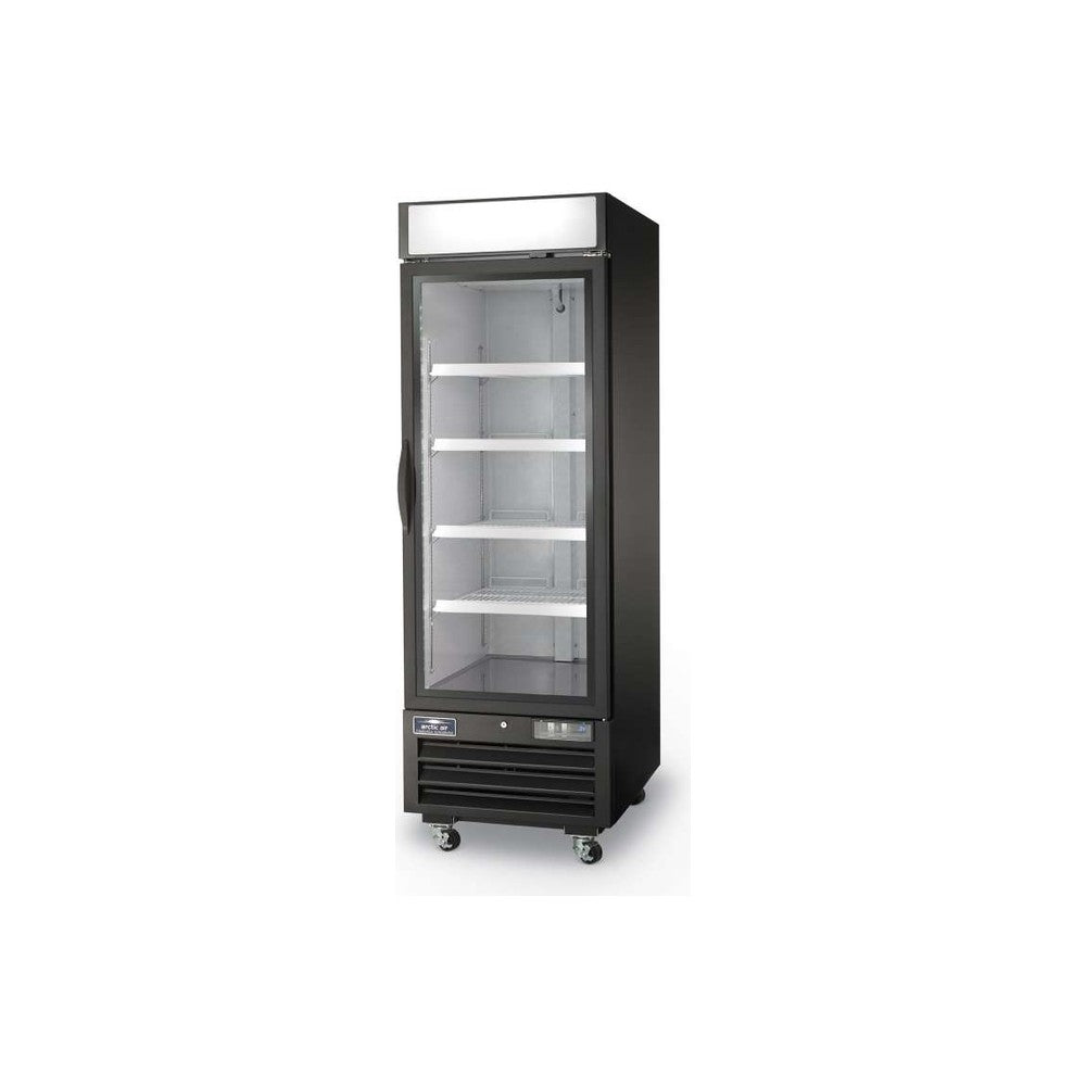 Arctic Air ARGDM23 black glass door merchandiser refrigerator, angled view with lighted top panel and four shelves