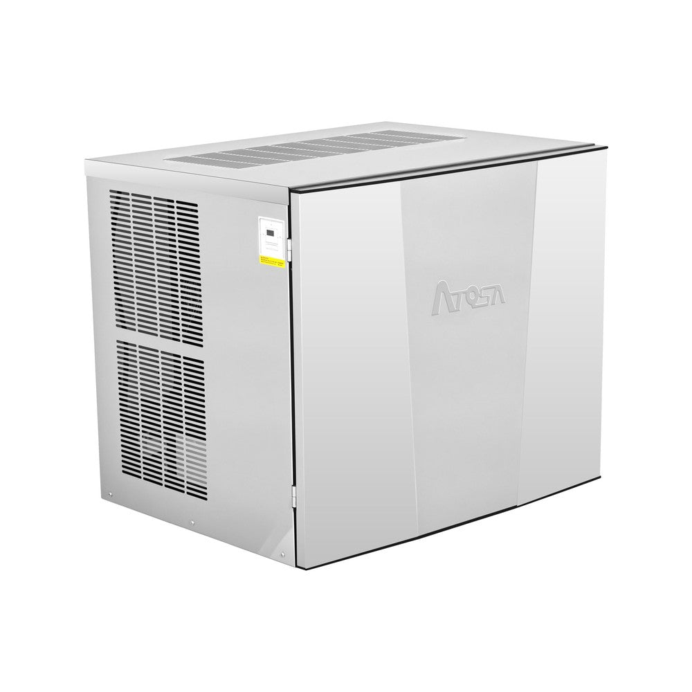 Atosa YRM0600A-261 30-3/4-inch air-cooled half-dice cube ice machine head, angled side view of the stainless steel cabinet