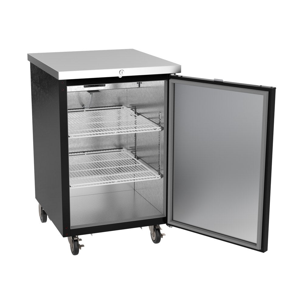 Beverage Air BB24HC-1-F-B 24" one solid door back bar cooler, with the door open showing the interior