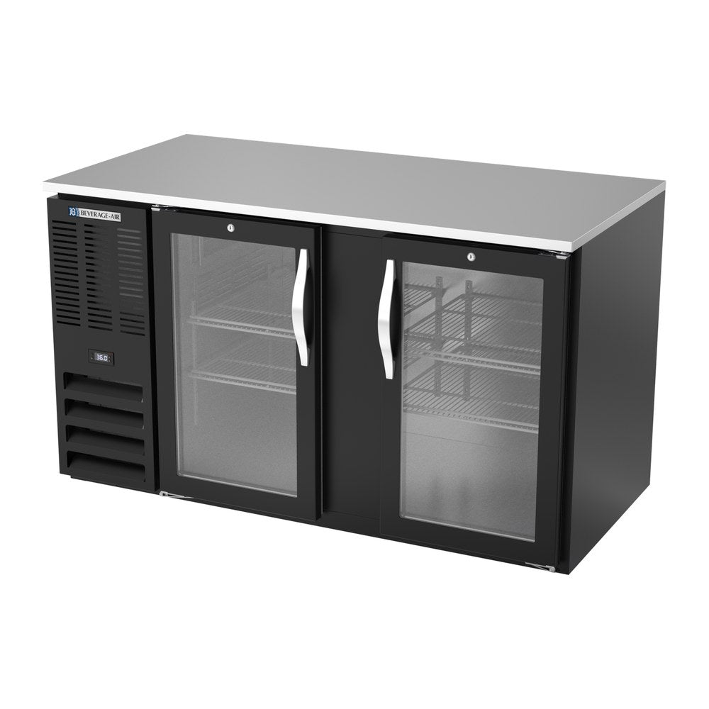 Beverage Air BB58HC-FG-B 58" two glass doors back bar cooler, side angle view, doors closed