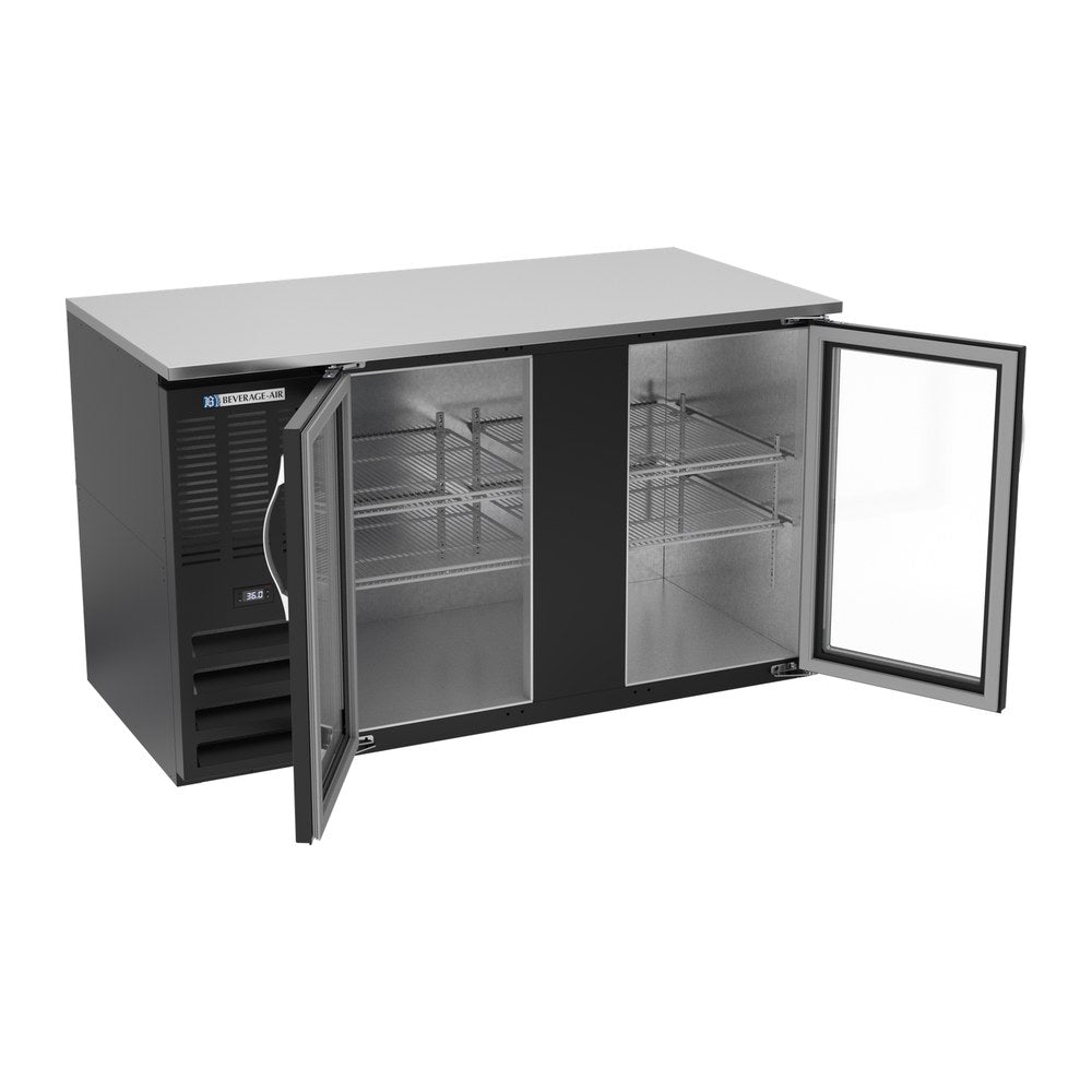 Beverage Air BB58HC-G-B 58" two glass doors back bar cooler, with the doors open showing the interior