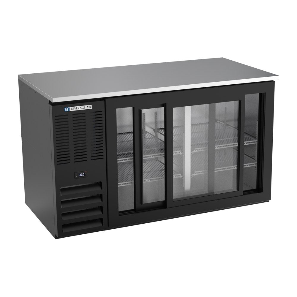 Beverage Air BB58HC-GS-B 58" two sliding glass doors back bar cooler, with the doors open showing the interior