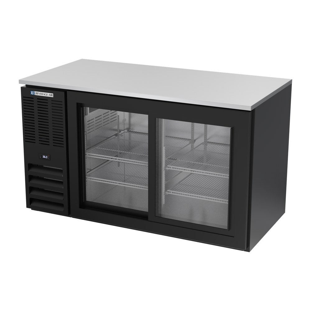 Beverage Air BB58HC-GS-B 58" two sliding glass doors back bar cooler, side angle view, doors closed