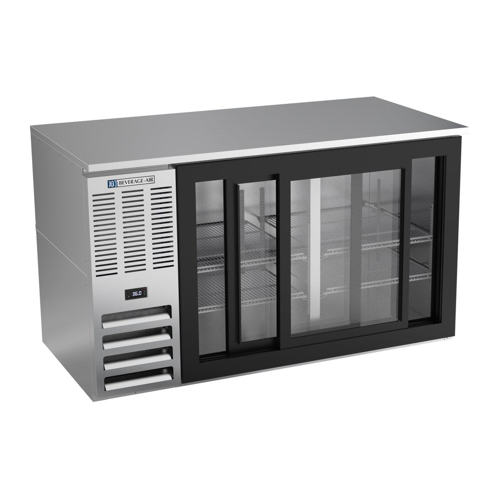 Beverage Air BB58HC-GS-S 58" two sliding glass doors back bar cooler, with the doors open showing the interior