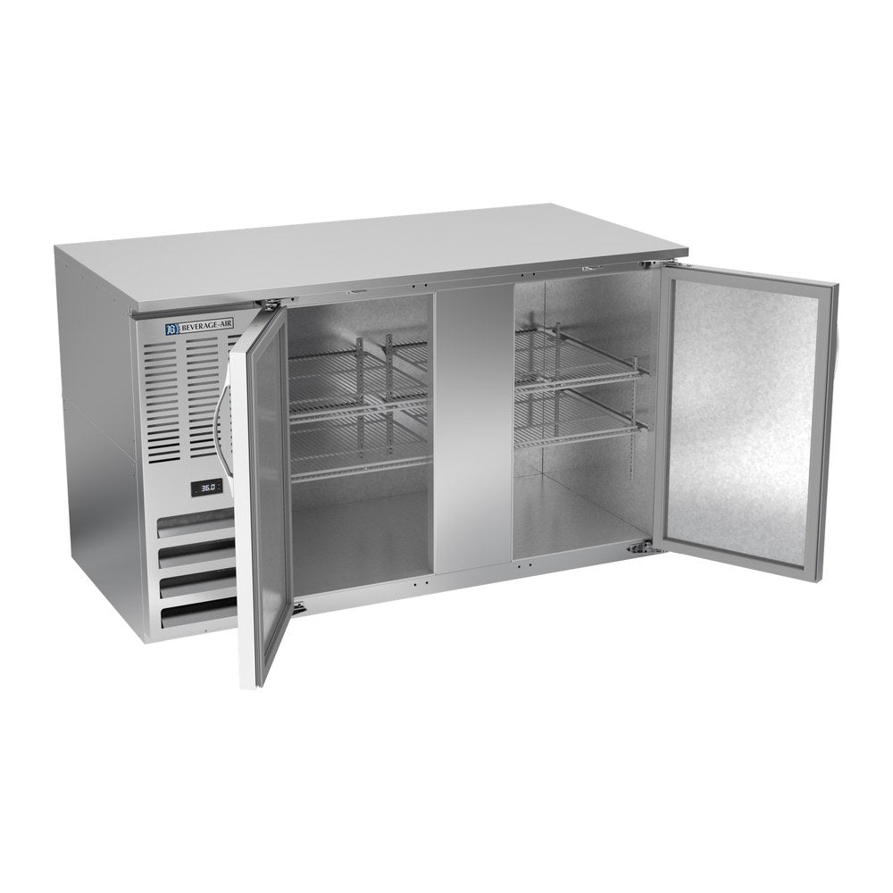 Beverage Air BB58HC-S 58" two solid doors back bar cooler, with the doors open showing the interior