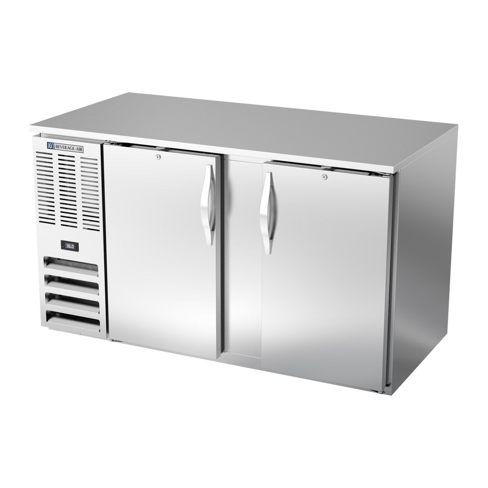 Beverage Air BB58HC-S 58" two solid doors back bar cooler, side angle view, doors closed