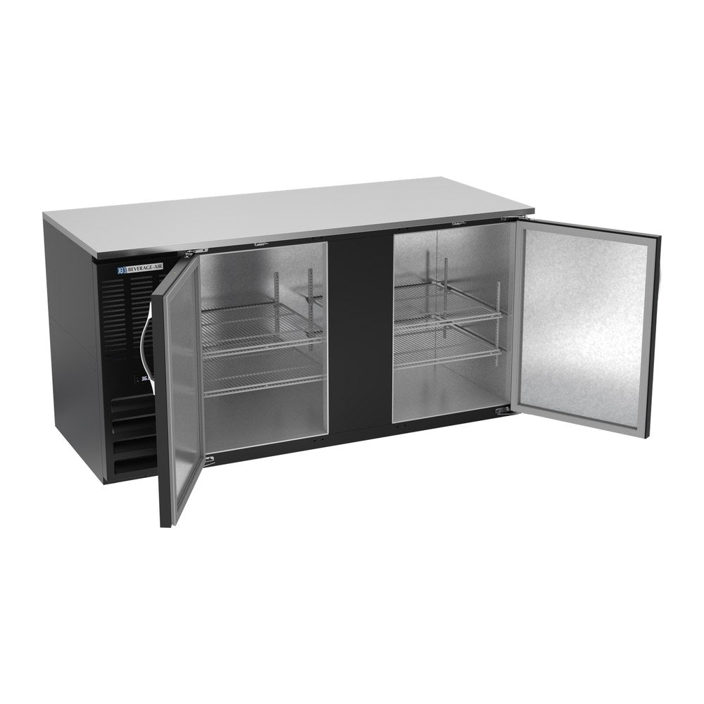 Beverage Air BB68HC-B 68" two solid doors back bar cooler, with the doors open showing the interior