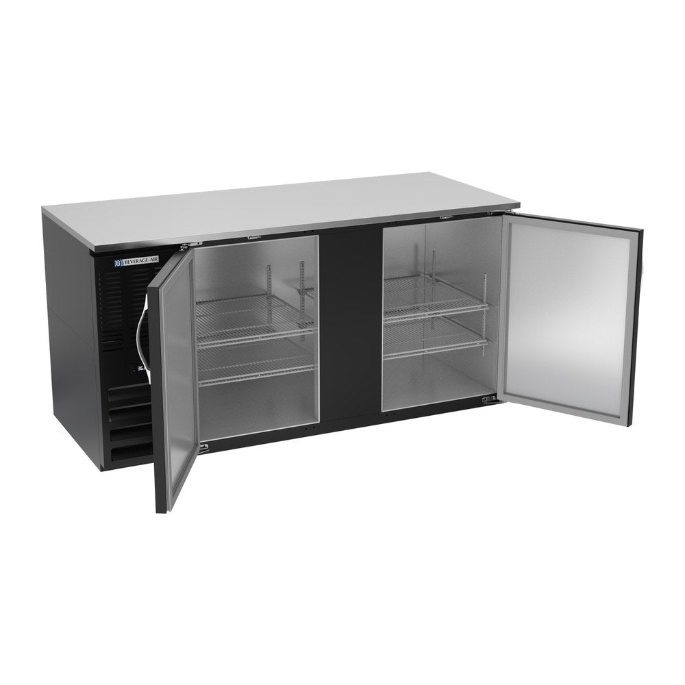 Beverage Air BB68HC-F-B 68" two solid doors back bar cooler, with the doors open showing the interior