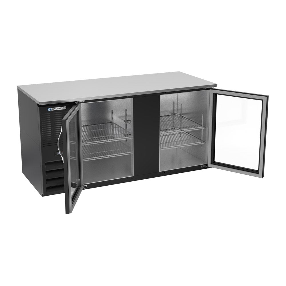 Beverage Air BB68HC-G-B 68" two glass doors back bar cooler, with the doors open showing the interior