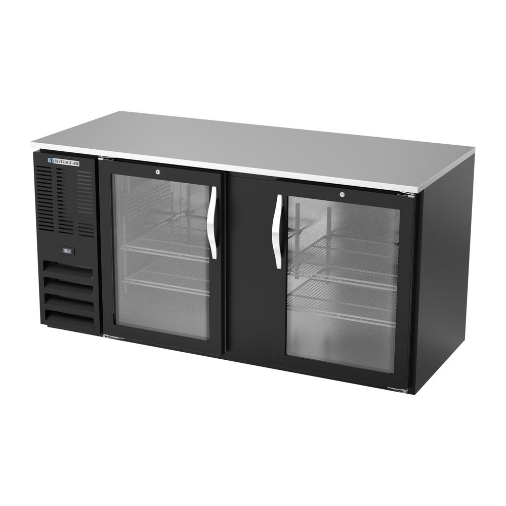 Beverage Air BB68HC-G-B 68" two glass doors back bar cooler, side angle view, doors closed