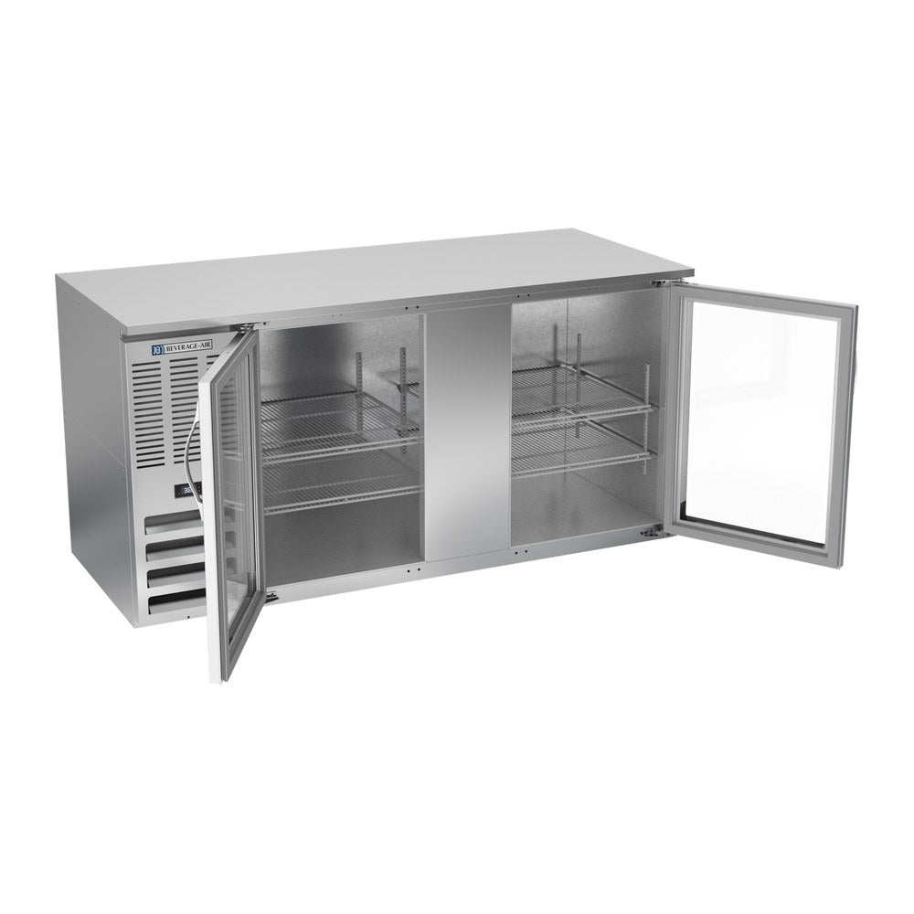 Beverage Air BB68HC-G-S 68" two glass doors back bar cooler, with the doors open showing the interior