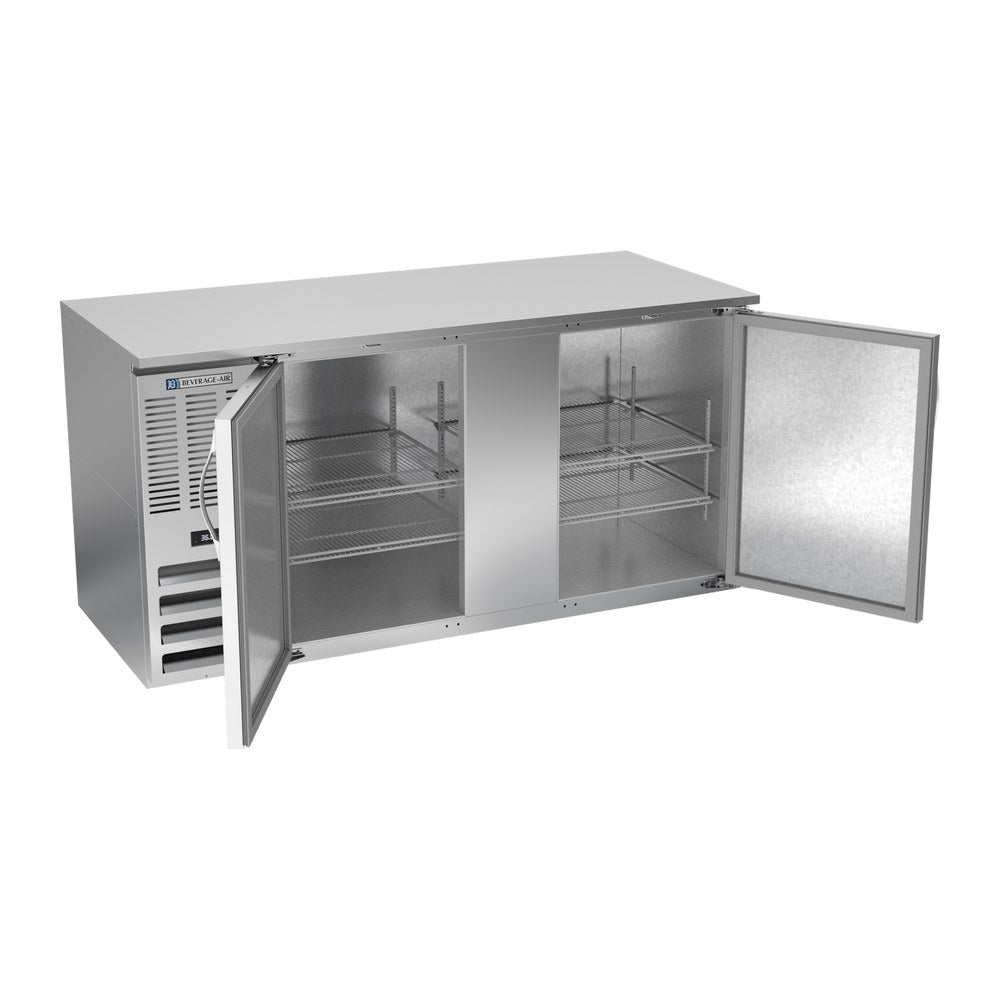 Beverage Air BB68HC-S 68" two solid doors back bar cooler, with the doors open showing the interior