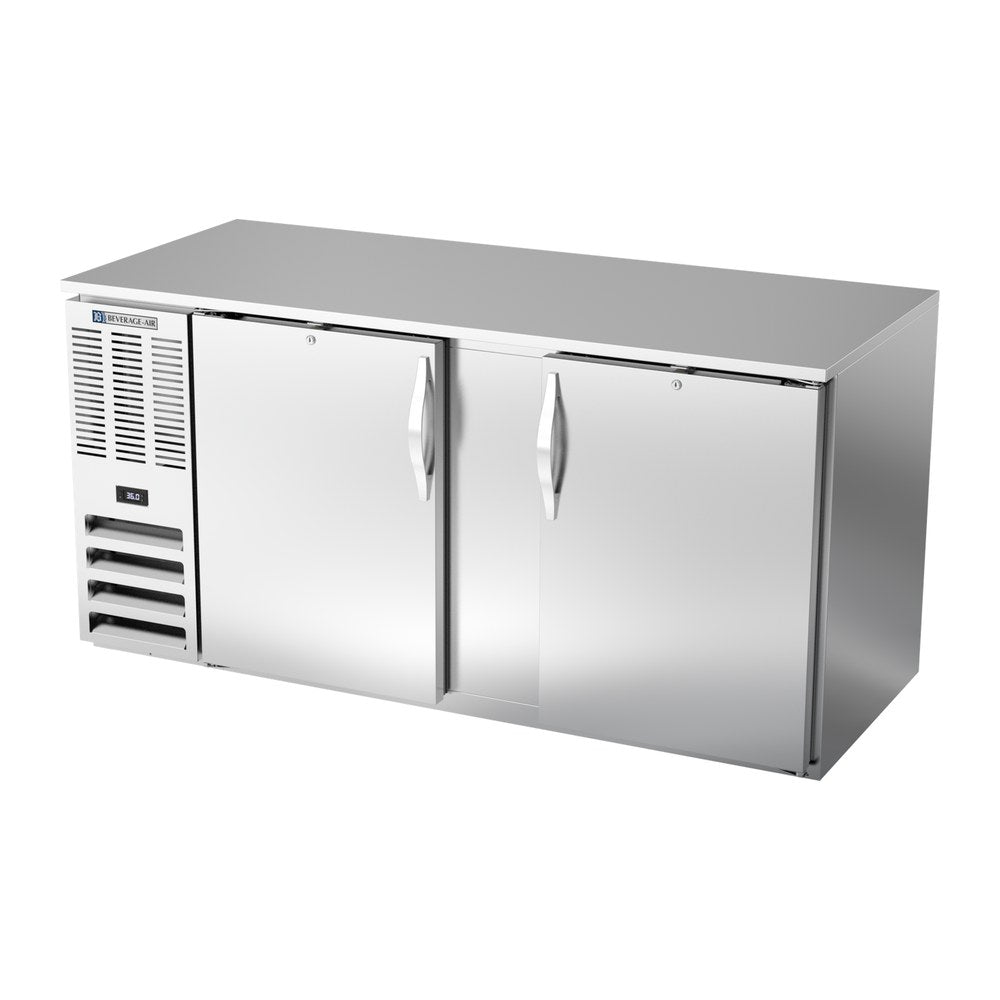 Beverage Air BB68HC-S 68" two solid doors back bar cooler, side angle view, doors closed