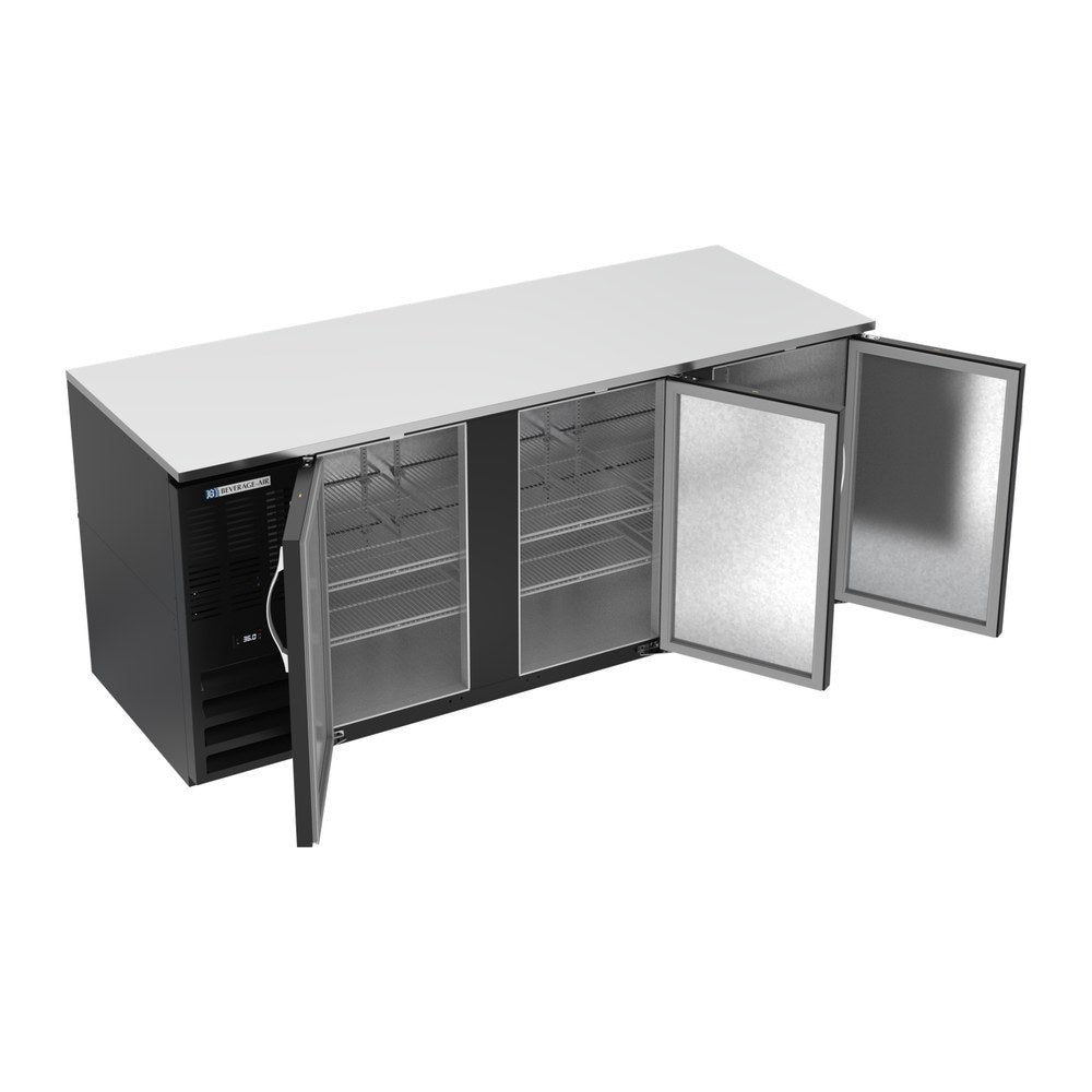 Beverage Air BB78HC-B 78" three solid doors back bar cooler, with the doors open showing the interior
