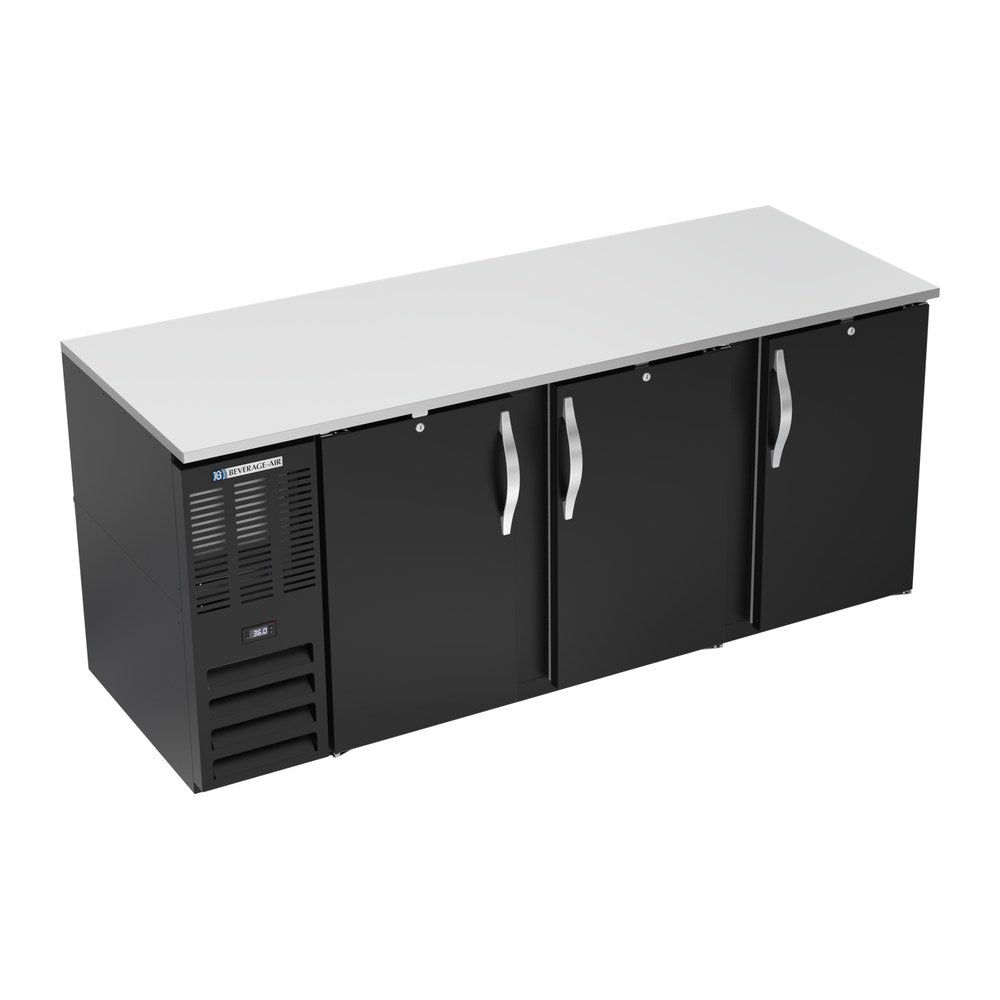 Beverage Air BB78HC-F-B 78" three solid doors back bar cooler, front view, doors closed