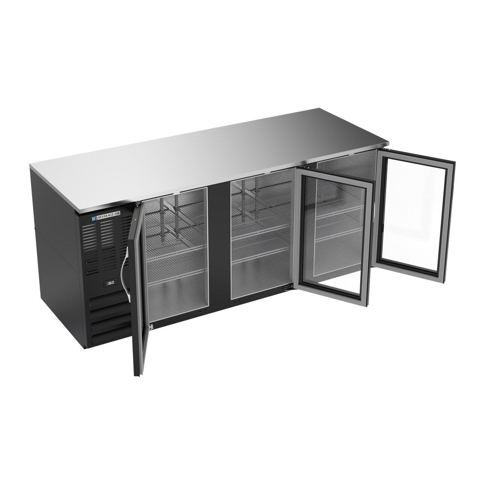 Beverage Air BB78HC-G-B 78" three glass doors back bar cooler, with the doors open showing the interior
