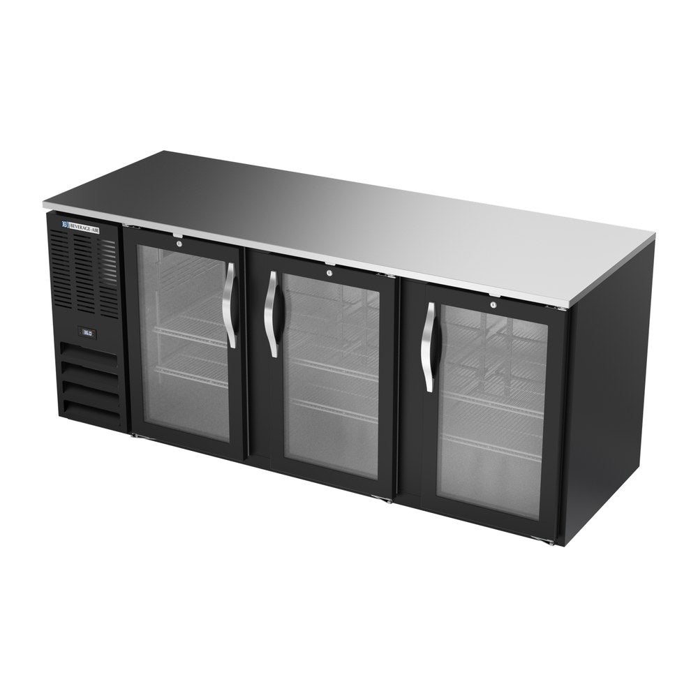 Beverage Air BB78HC-G-B 78" three glass doors back bar cooler, side angle view, doors closed