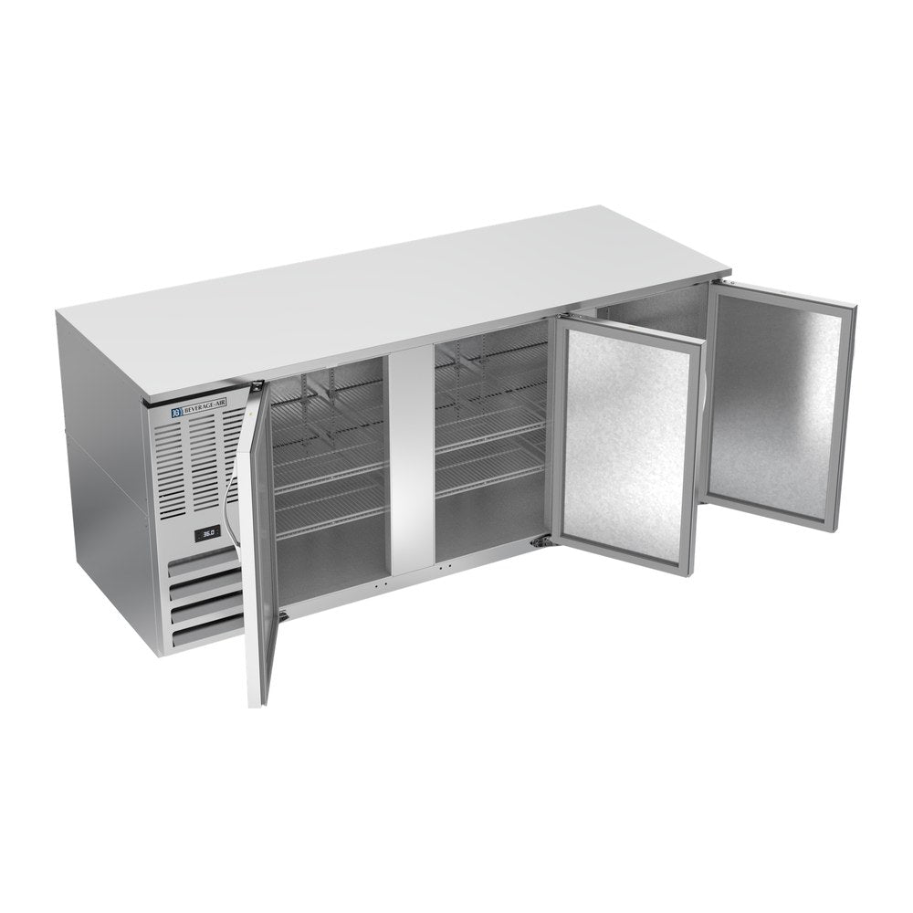 Beverage Air BB78HC-S 78" three solid doors back bar cooler, with the doors open showing the interior