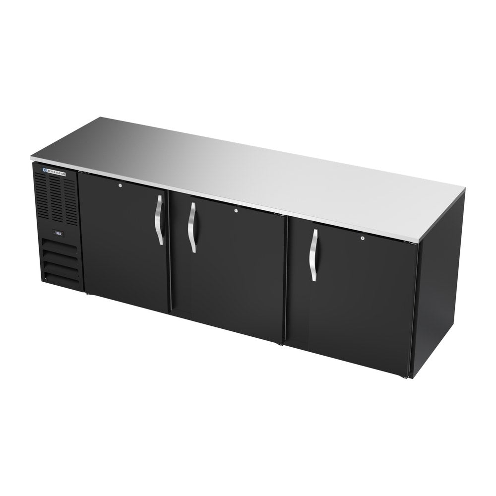Beverage Air BB94HC-F-B 94" three solid doors back bar cooler, side angle view, doors closed