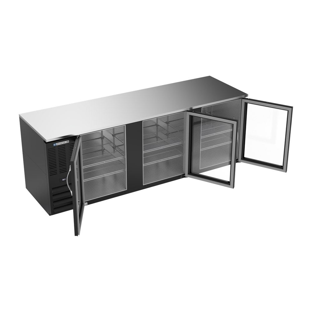 Beverage Air BB94HC-FG-B 94" three glass doors back bar cooler, with the doors open showing the interior