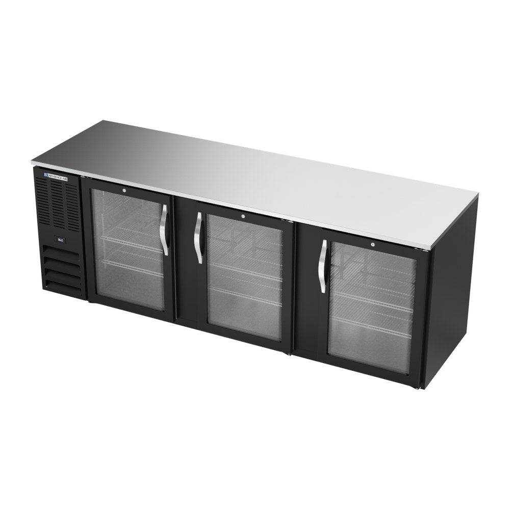 Beverage Air BB94HC-G-B 94" three glass doors back bar cooler, side angle view, doors closed
