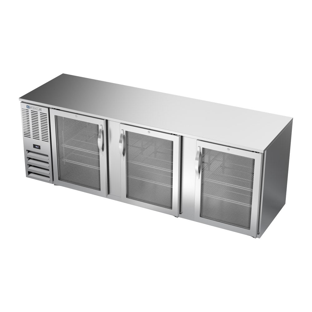 Beverage Air BB94HC-G-S 94" three glass doors back bar cooler, side angle view, doors closed