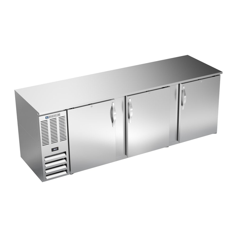Beverage Air BB94HC-S 94" three solid doors back bar cooler, front view, doors closed