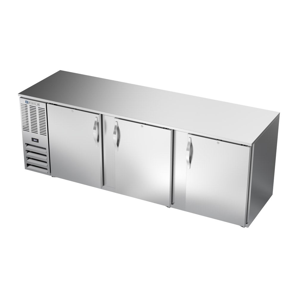 Beverage Air BB94HC-S 94" three solid doors back bar cooler, side angle view, doors closed