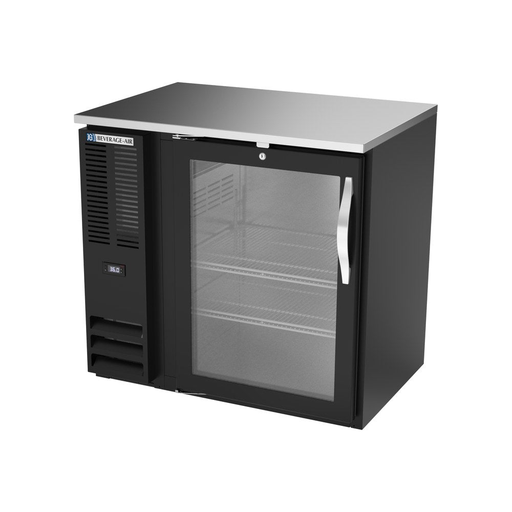 Beverage Air BBN36HC-FG-B 36" one glass door back bar cooler, side angle view, door closed
