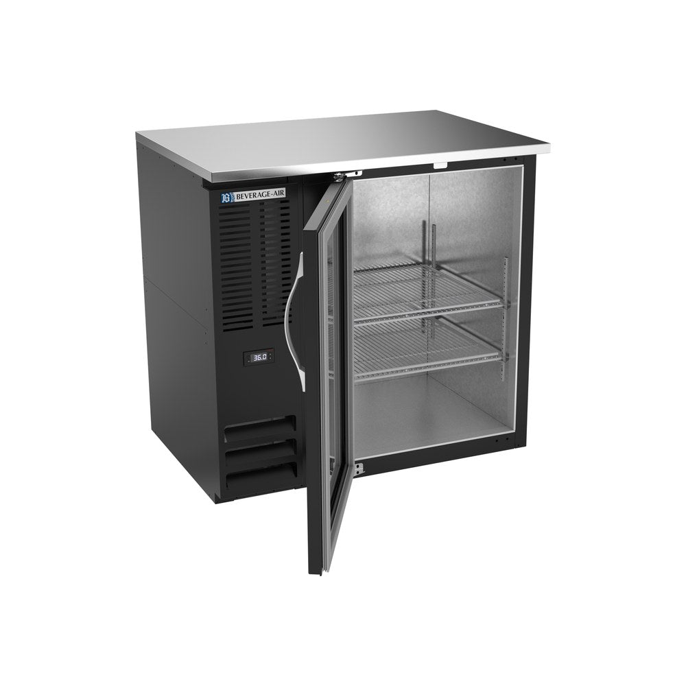 Beverage Air BBN36HC-G-B 36" one glass door back bar cooler, with the door open showing the interior